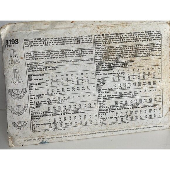 Simplicity Western Classics Skirts Sewing Pattern 8193 Westerncore 1992 - Picture 4 of 8